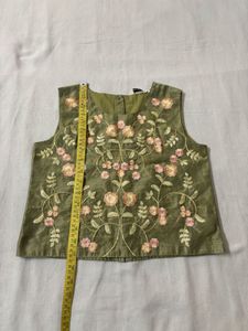 Olive Embroidered Silk Blouse/ Top