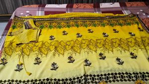 Yellow Floral Print Saree with Blouse