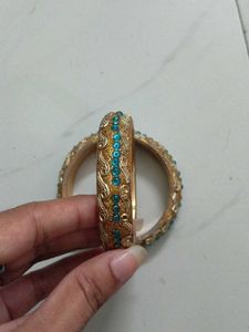Exquisite Golden Bangles with Blue Stones