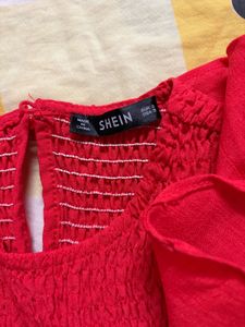 Red Smocked Ruffle Sleeve Top