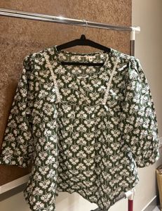 M size Green Floral Print Kurta