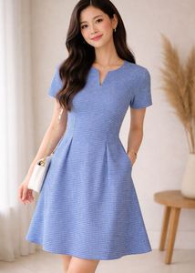 Blue Gingham Fit & Flare Dress