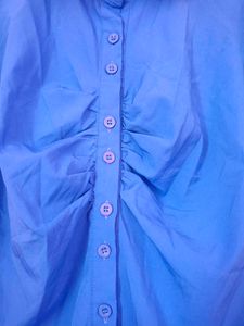 Blue Puff Sleeve Button-Up Shirt