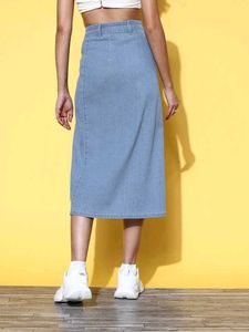 Sassafras Wash Denim Button-Front Midi Skirt