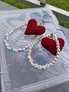 Personalized Crochet Heart Keychain with Pearl Wri