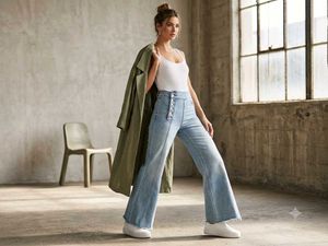 Light Wash Flared Jeans with Button Detail