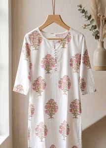 White Kurta with Pink Floral Print