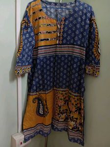 Elegant Blue &amp; Gold Print Kurti With Dupatta