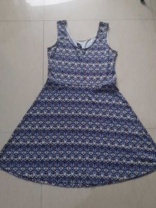Blue & White Printed Sleeveless Dress