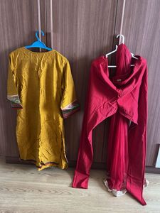 Yellow Kurta with Red Bottom and Dupatta