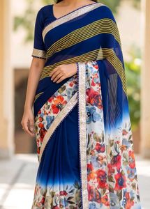 Navy Blue Floral Print Saree