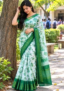 Elegant White & Green Floral Saree