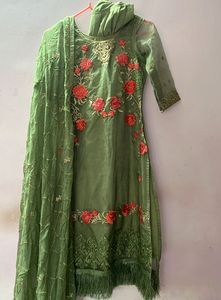 Green Embroidered Organza Kurta Set