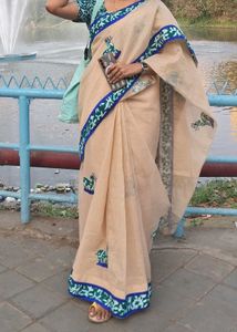 Elegant Beige Saree with Blue Border