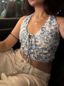 Blue Floral Tie-Front Crop Top