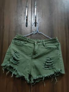 Distressed Olive Green Denim Shorts