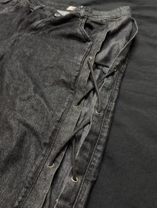 Archive Lace-Up Detail Black Denim Baggy Jeans
