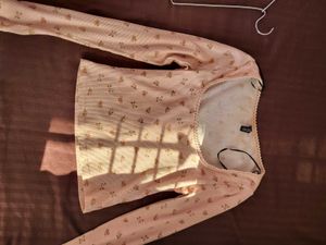 H&amp;M Picot Trimmed Ribbed Top Peach/S