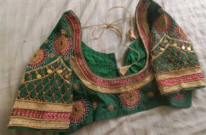 Heavy Aari work Embroidered Green Silk Blouse