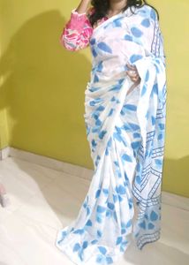 White & Blue Floral Saree