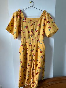 Mustard Yellow Cherry Print cropped Jumpsuit