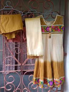 Cotton Embroidered Kurta With Churidar And Dupatta