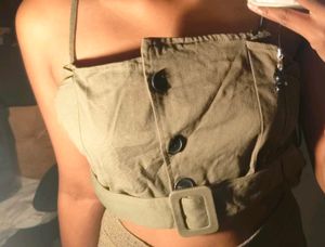 Olive Green  denim Crop Top with Belt