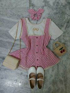 Pink Gingham Pinafore Dress Set