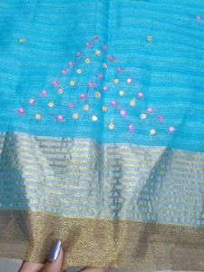 Cotton Organza Sky-blue Saree