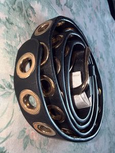 Branded Black Eyelet Belt with Gold Hardware