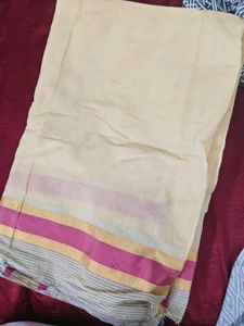 Elegant Cream Saree with Pink and Gold Border
