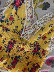 Yellow Floral Smocked Crop Top with Lac