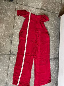 Red Off-Shoulder Ruffle Jumpsuit