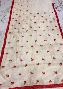 Cream Floral Embroidered Saree with Red Blouse