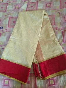 Elegant Cream &amp; Red Saree with Free Necklace