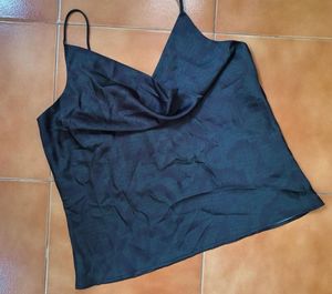 Black Green Snake Print Satin Cowl Neck Top
