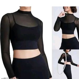 Chic Black Mesh Mock Neck Crop Top