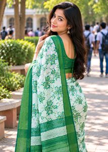 Elegant White &amp; Green Floral Saree