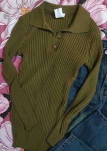 Olive Green Ribbed Collared top