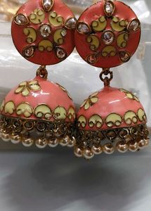 Elegant Coral Jhumka Earrings with Pearl Dangles