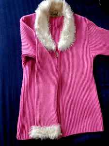 Pink Ribbed Zip-Up Sweater with Fur Trim