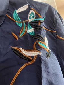 Navy Blue Embroidered Button-Up Shirt