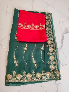 Emerald Green Embroidered darbari Saree