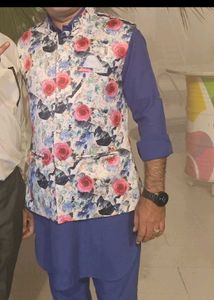 Men's Floral jacket with plain blue kurta pjama