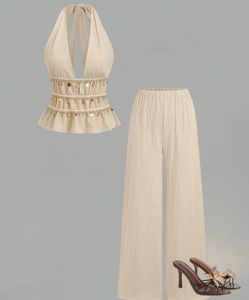Boho Halter Neck Crop Top & Wide Leg Pants Set