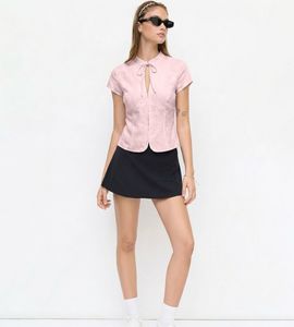 Light Pink Tie-Neck Short Sleeve Top