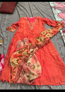 Elegant Coral Kurta Set with Dupatta