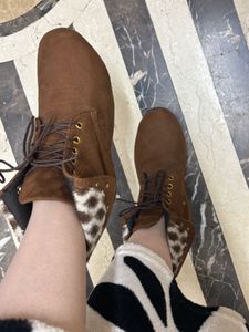 Brown Ankle Boots with Leopard Detail