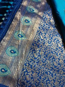 Beautiful Teal Silk Saree with Gold Weave and comp