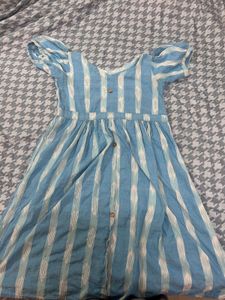 Blue Striped Pure cotton -Front Midi Dress
